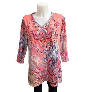Soft‎ Surroundings Women's Paisley Knit Tunic Pink Coral V Neck Sz Medium